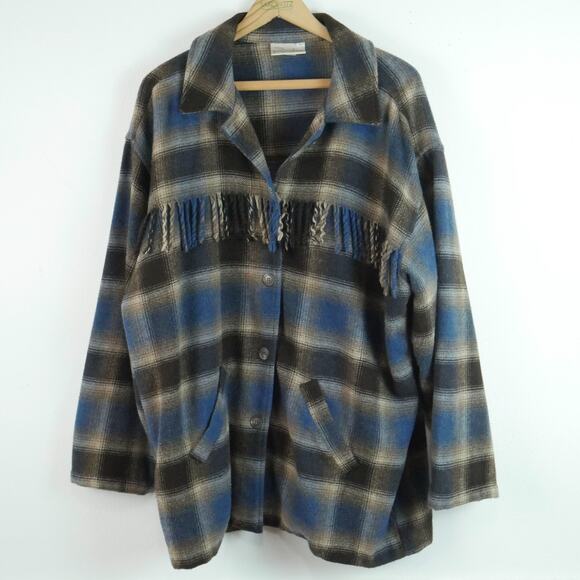 Vintage Large Shacket Oversized Western Shadow Plaid Fringe 90s Wool Blend - Picture 1 of 10
